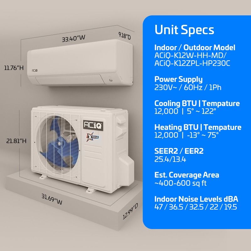 ACIQ 12,000 BTU ACiQ Extreme 25.5 SEER2 Single Zone Wall Mount Mini Split Heat Pump System - R454B | 230V