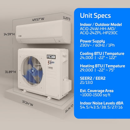 ACIQ 24,000 BTU ACiQ Extreme 21 SEER2 Single Zone Wall Mount Mini Split Heat Pump System - R454B | 230V