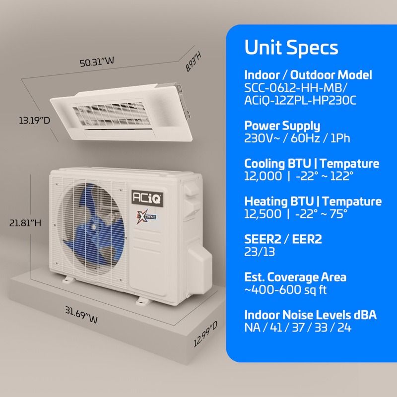 ACiQ 12,000 BTU 23 SEER ACiQ Single Zone Slim Ceiling Cassette Mini Split System | Extreme Series