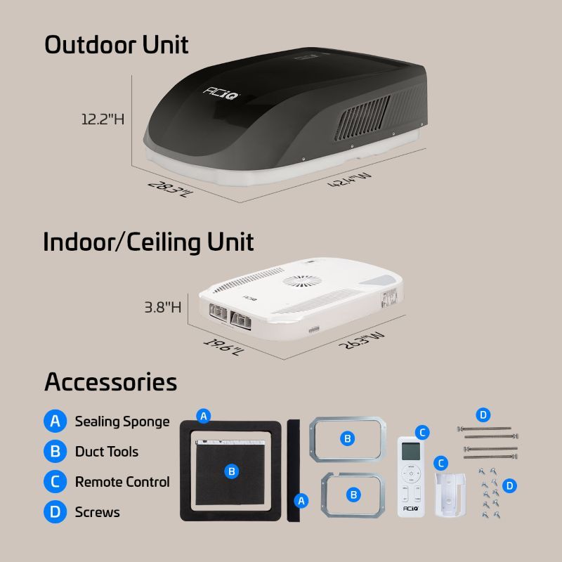 ACIQ RV Air Conditioner 15,000 BTU Rooftop with Heat Pump, Non-Ducted, 115V – Camper RV Rooftop AC – Black