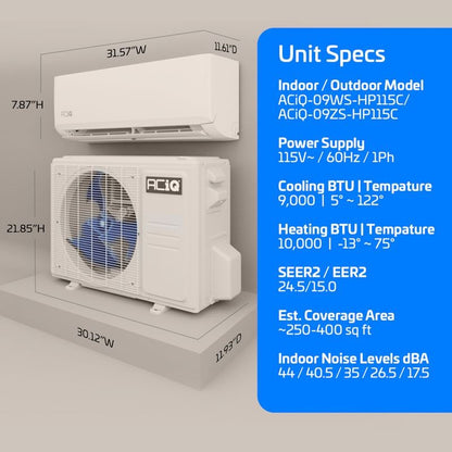 ACIQ 9,000 BTU ACIQ Standard 24.5 SEER2 Single Zone Wall Mount Mini Split Heat Pump System - R454B | 115V