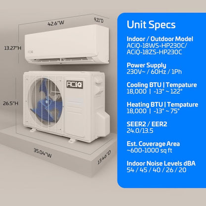 ACIQ 18,000 BTU ACIQ Standard 24 SEER2 Single Zone Wall Mount Mini Split Heat Pump System - R454B | 230V