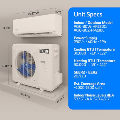 ACIQ 30,000 BTU ACIQ Standard 20 SEER2 Single Zone Wall Mount Mini Split Heat Pump System - R454B | 230V
