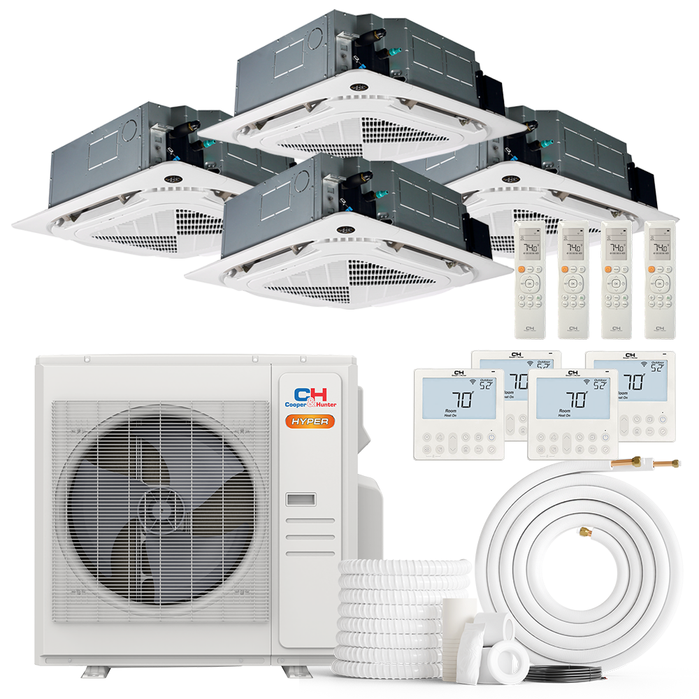 Cooper&Hunter Hyper 4-Zone Ductless Mini Split AC & Heat Pump 36000 BTU (9K+12K+18K+18K), Ceiling Cassettes Units, 230V