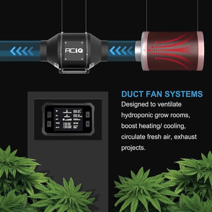 ACiQ 8 Inch High Speed Mixed Flow Inline Duct Fan with Temp & Humidity Control - Black