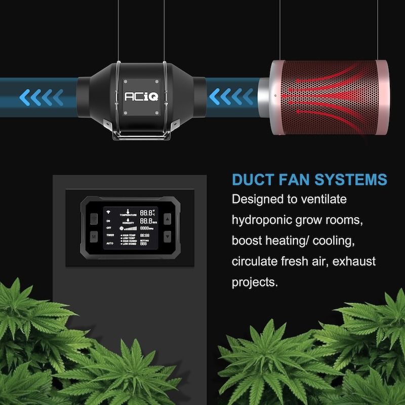 ACiQ 6 Inch Mixed Flow Inline Duct Fan with Temp & Humidity Control - Black