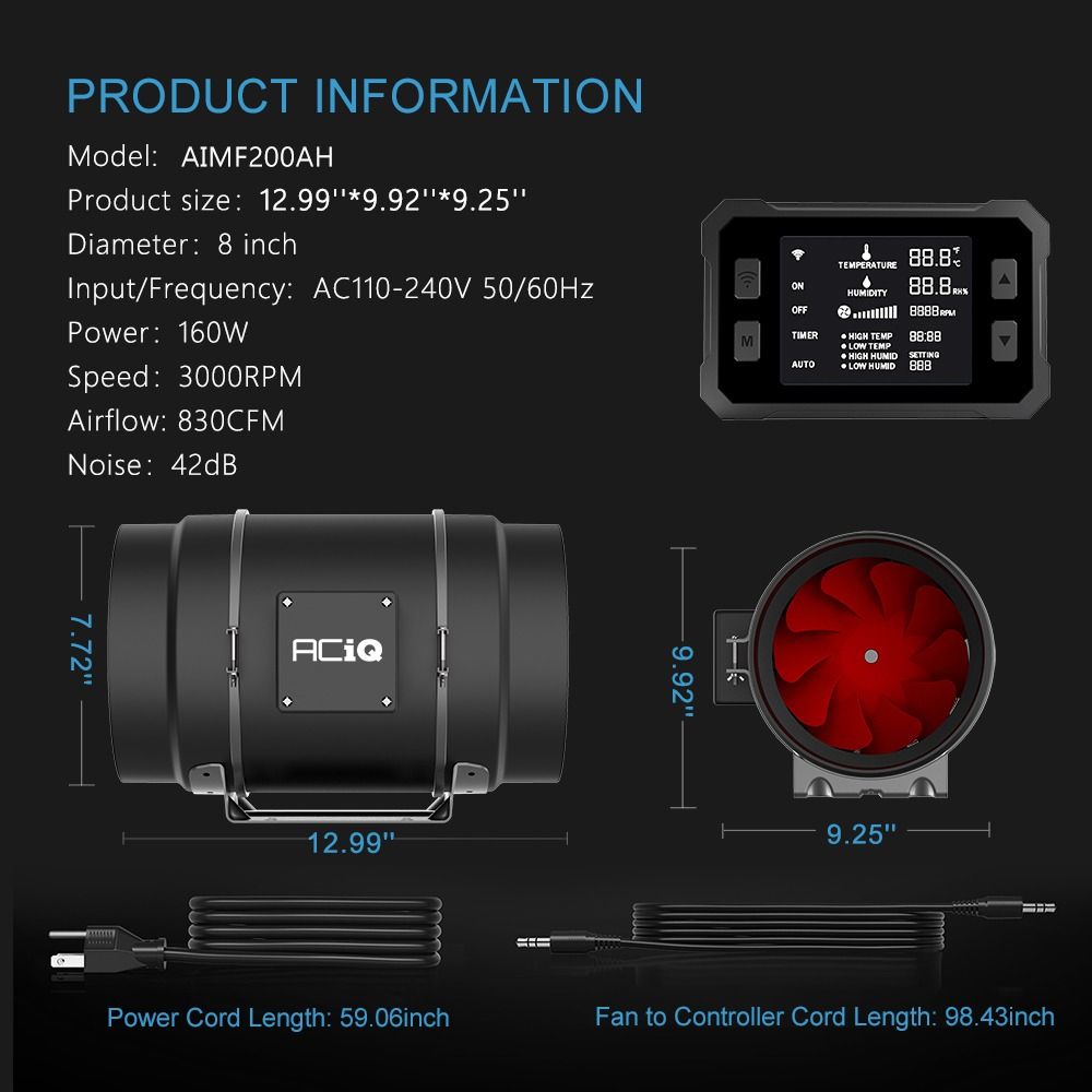 ACiQ 8 Inch High Speed Mixed Flow Inline Duct Fan with Temp & Humidity Control - Black