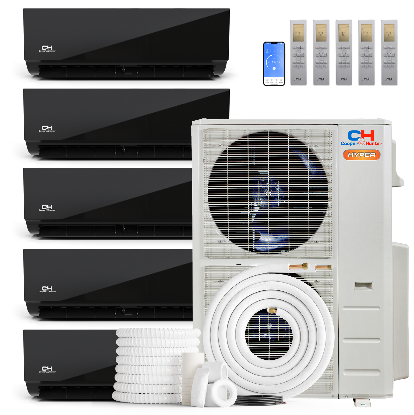 Cooper&Hunter Hyper Olivia Midnight 5-Zone Ductless Mini Split AC & Heat Pump 48000 BTU (9K+9K+12K+12K+18K), Wall Mount Units, 230V