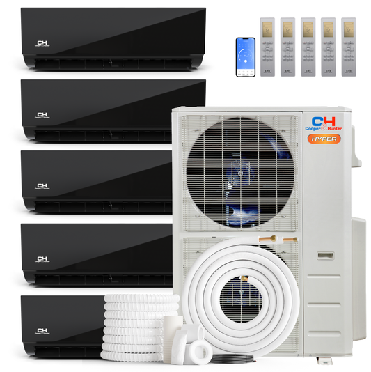 Cooper&Hunter Hyper Olivia Midnight 5-Zone Ductless Mini Split AC & Heat Pump 48000 BTU (9K+9K+9K+18K+24K), Wall Mount Units, 230V
