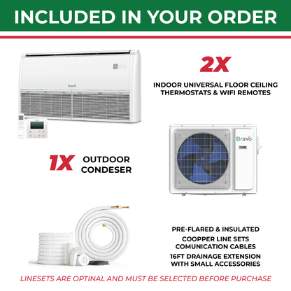 Bravo 2-Zone Ductless Mini Split AC & Heat Pump 18000 BTU (12K+12K), Universal Floor Ceiling Units, 230V