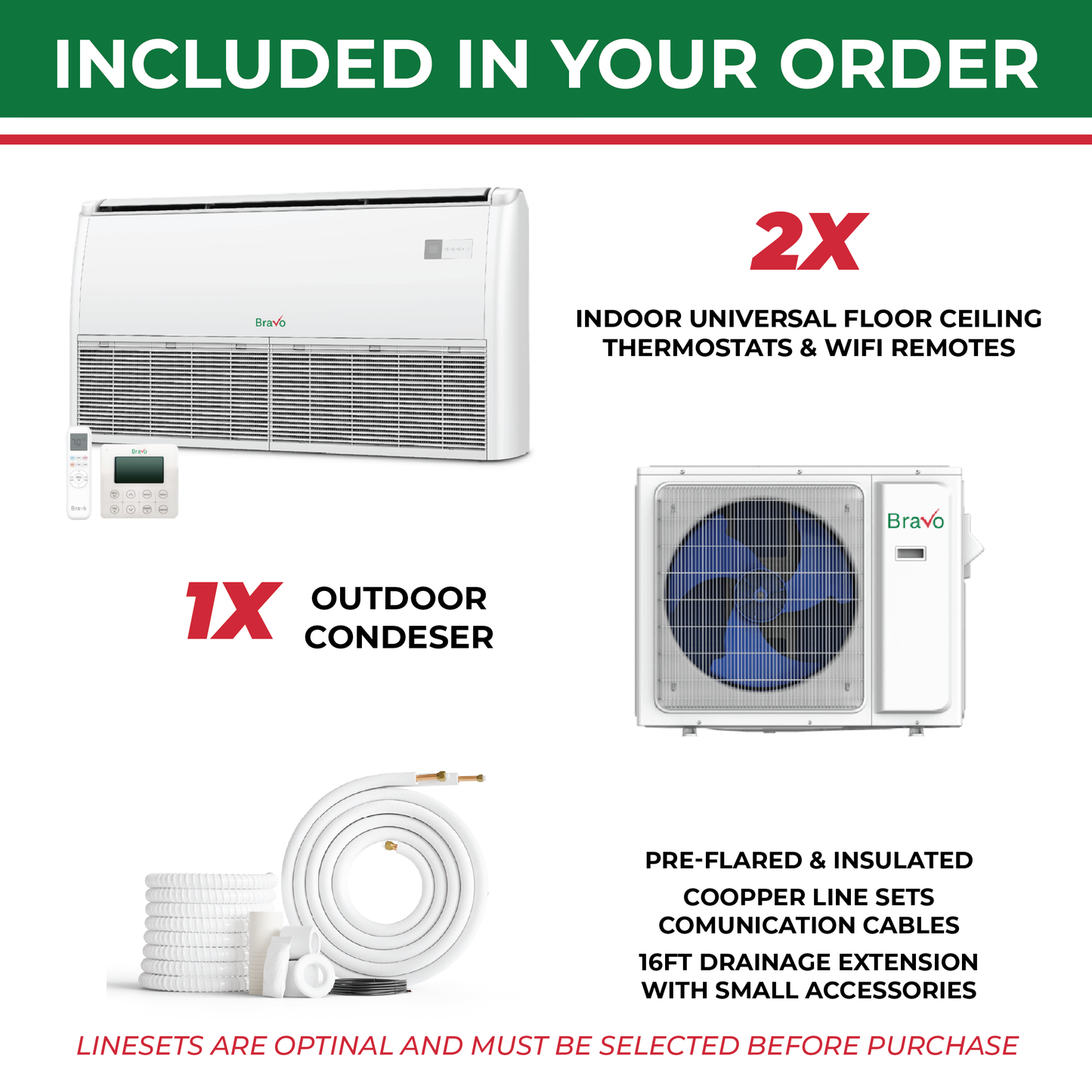 Bravo 2-Zone Ductless Mini Split AC & Heat Pump 18000 BTU (9K+9K), Universal Floor Ceiling Units, 230V