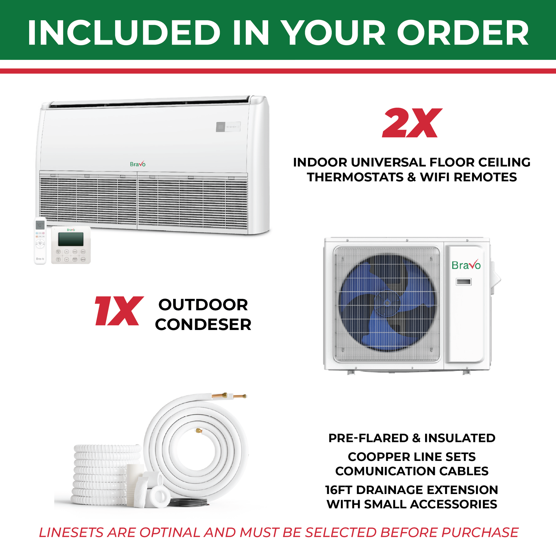 Bravo 2-Zone Ductless Mini Split AC & Heat Pump 18000 BTU (9K+12K), Universal Floor Ceiling Units, 230V