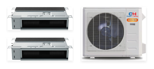 Cooper&Hunter Hyper 2-Zone Ducted Mini Split AC & Heat Pump 19000 BTU (9K+9K), Slim Duct Units, 230V - R410A