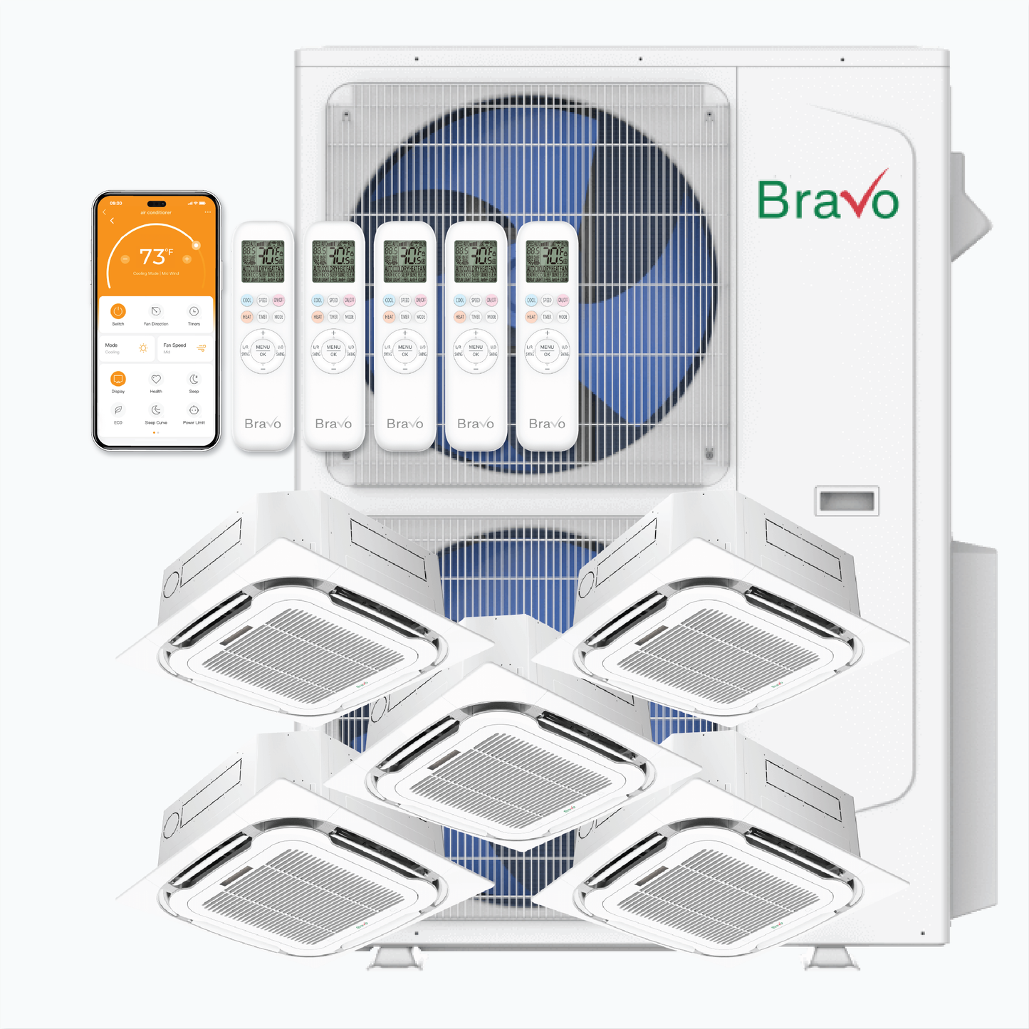 Bravo 5-Zone Ductless Mini Split AC & Heat Pump 42000 BTU (9K+9K+9K+9K+9K), Ceiling Cassettes Units, 230V