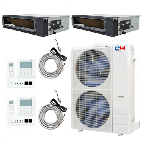 Cooper&Hunter 2-Zone Ducted Mini Split AC & Heat Pump 55000 BTU (24K+24K), Slim Duct Units, 230V - R410A
