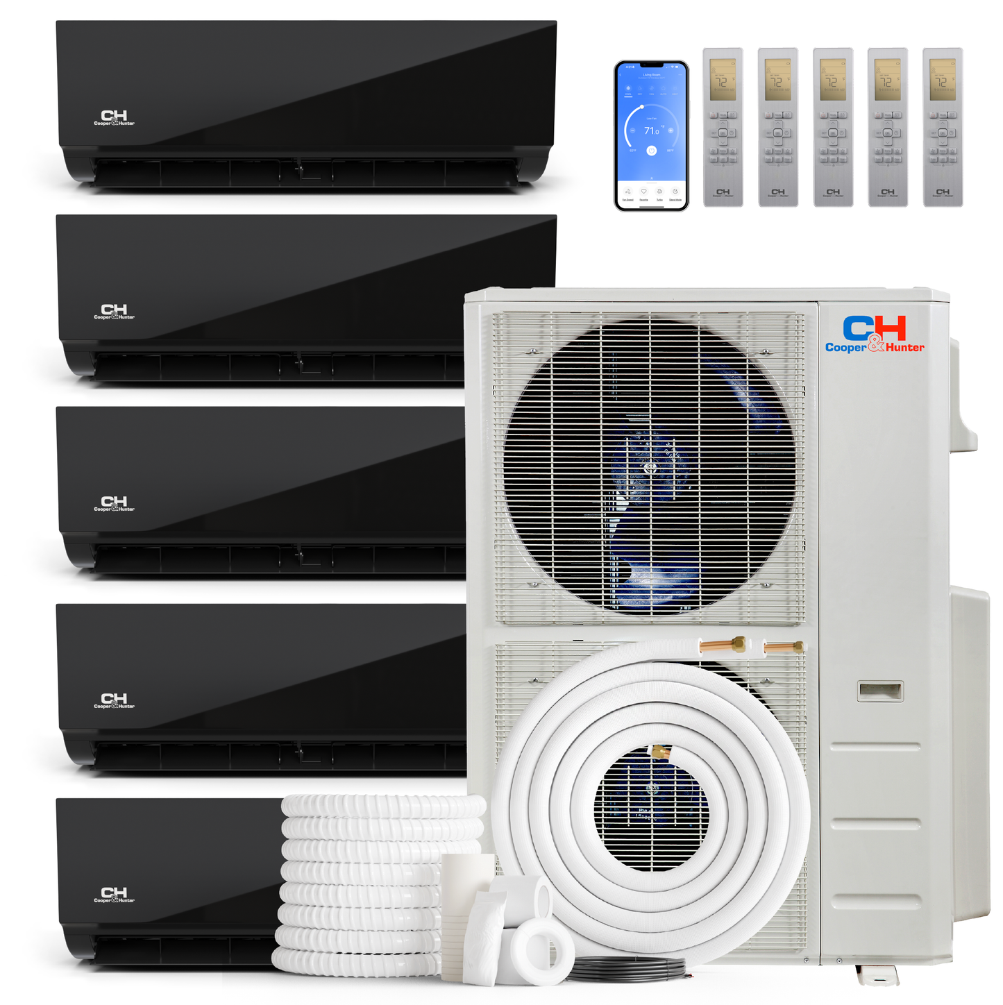 Cooper&Hunter Olivia Midnight 5-Zone Ductless Mini Split AC & Heat Pump 60000 BTU (9K+9K+9K+12K+24K), Wall Mount Units, 230V