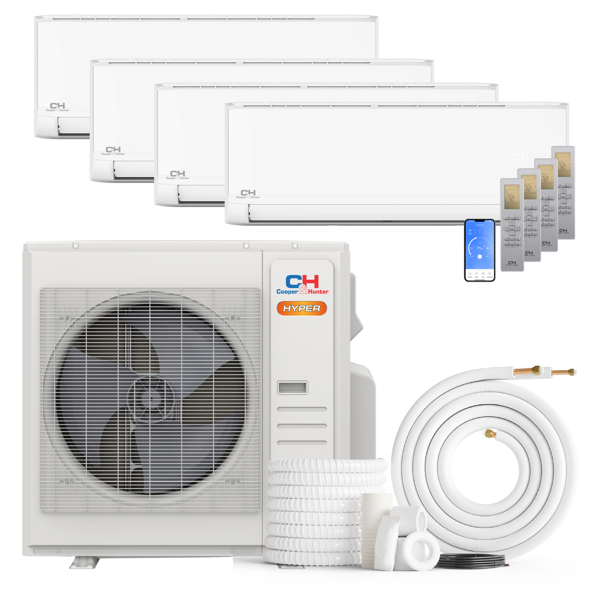 Cooper&Hunter Hyper Olivia 4-Zone Ductless Mini Split AC & Heat Pump 36000 BTU (6K+6K+6K+6K), Wall Mount Units, 230V