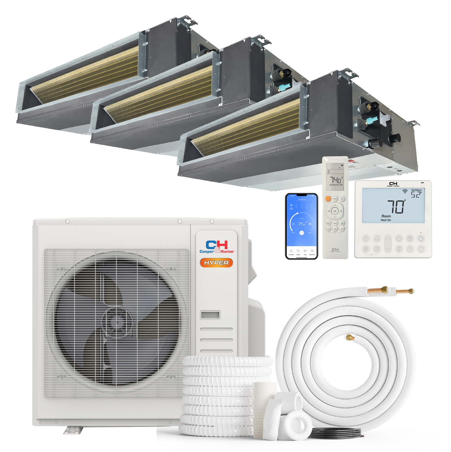 Cooper&Hunter Hyper 3-Zone Ducted Mini Split AC & Heat Pump 36000 BTU (6K+6K+24K), Slim Duct Units, 230V
