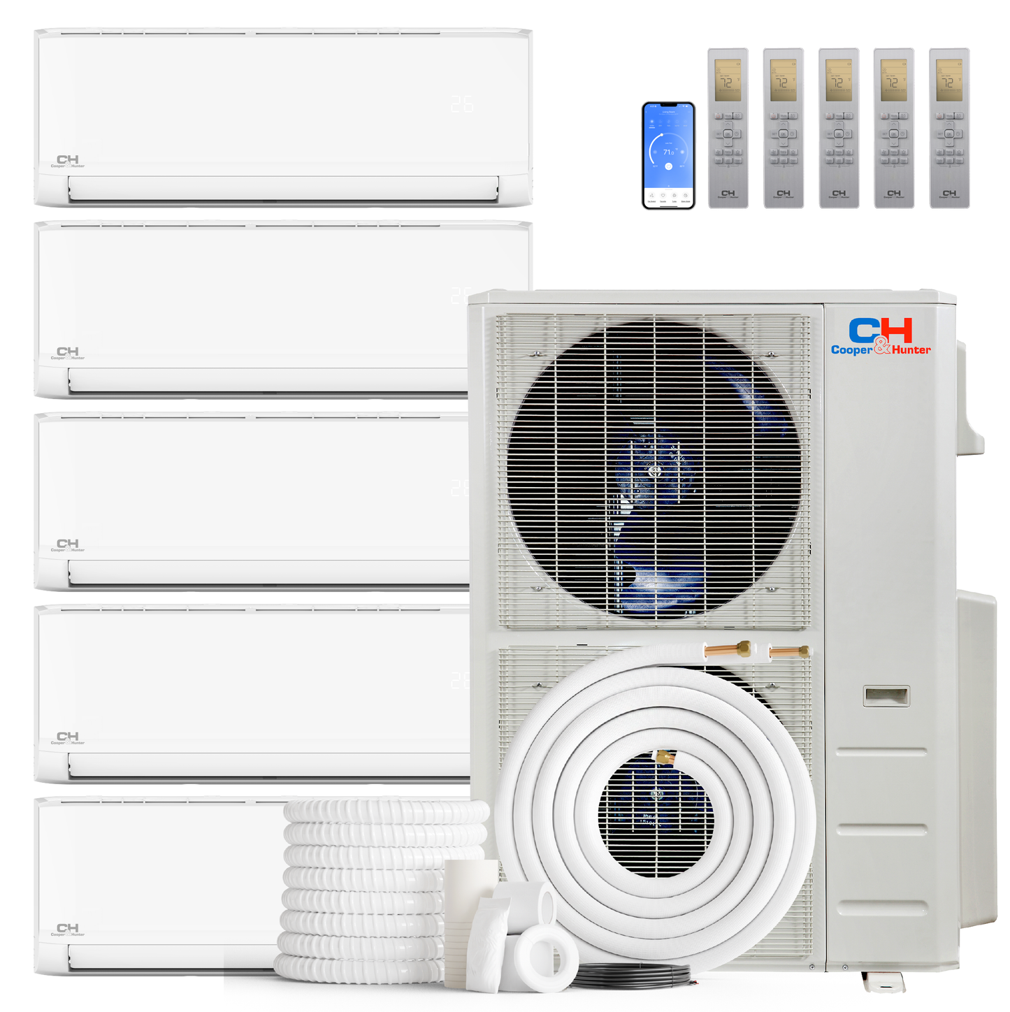 Cooper&Hunter Olivia 5-Zone Ductless Mini Split AC & Heat Pump 60000 BTU (6K+6K+6K+6K+18K), Wall Mount Units, 230V