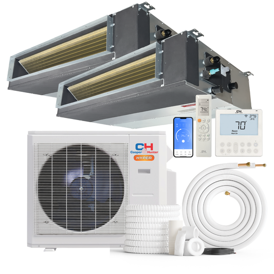 Cooper&Hunter Hyper 2-Zone Ducted Mini Split AC & Heat Pump 28000 BTU (9K+12K), Slim Duct Units, 230V