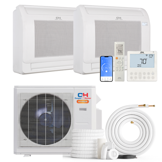 Cooper&Hunter Hyper 2-Zone Ductless Mini Split AC & Heat Pump 28000 BTU (9K+18K), Floor Console Units, 230V