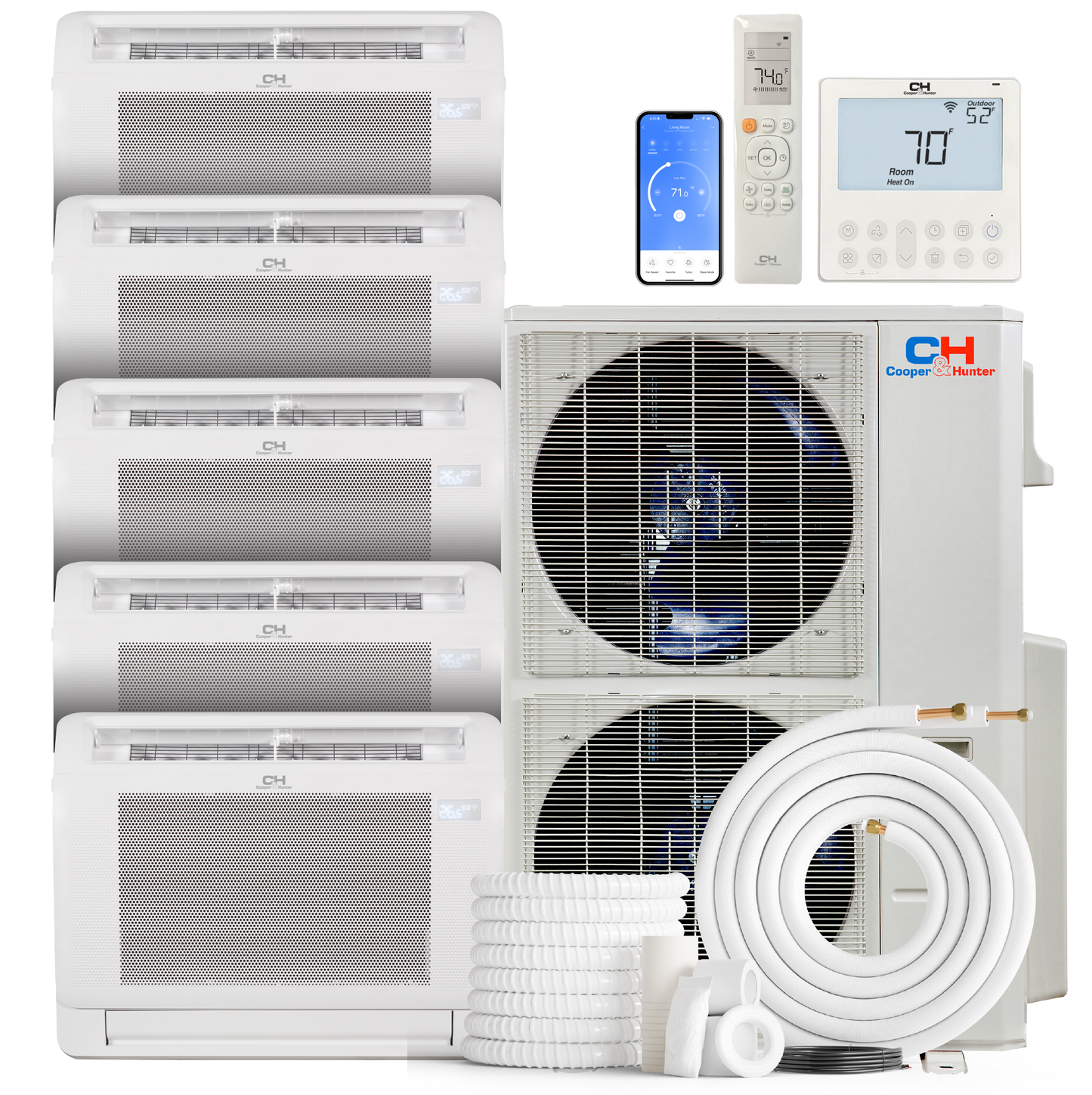 Cooper&Hunter 5-Zone Ductless Mini Split AC & Heat Pump 60000 BTU (12K+12K+12K+18K+18K), Floor Console Units, 230V