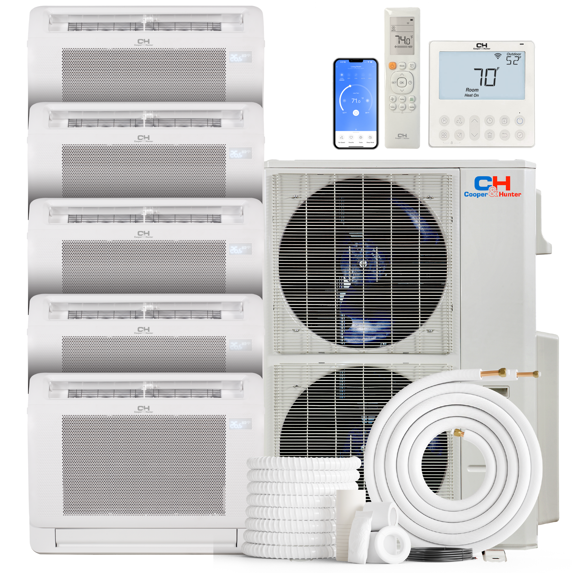 Cooper&Hunter 5-Zone Ductless Mini Split AC & Heat Pump 60000 BTU (12K+12K+12K+18K+18K), Floor Console Units, 230V