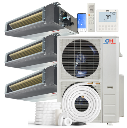 Cooper&Hunter 3-Zone Ducted Mini Split AC & Heat Pump 48000 BTU (6K+18K+24K), Slim Duct Units, 230V