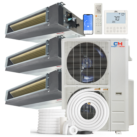 Cooper&Hunter 3-Zone Ducted Mini Split AC & Heat Pump 60000 BTU (9K+9K+18K), Slim Duct Units, 230V