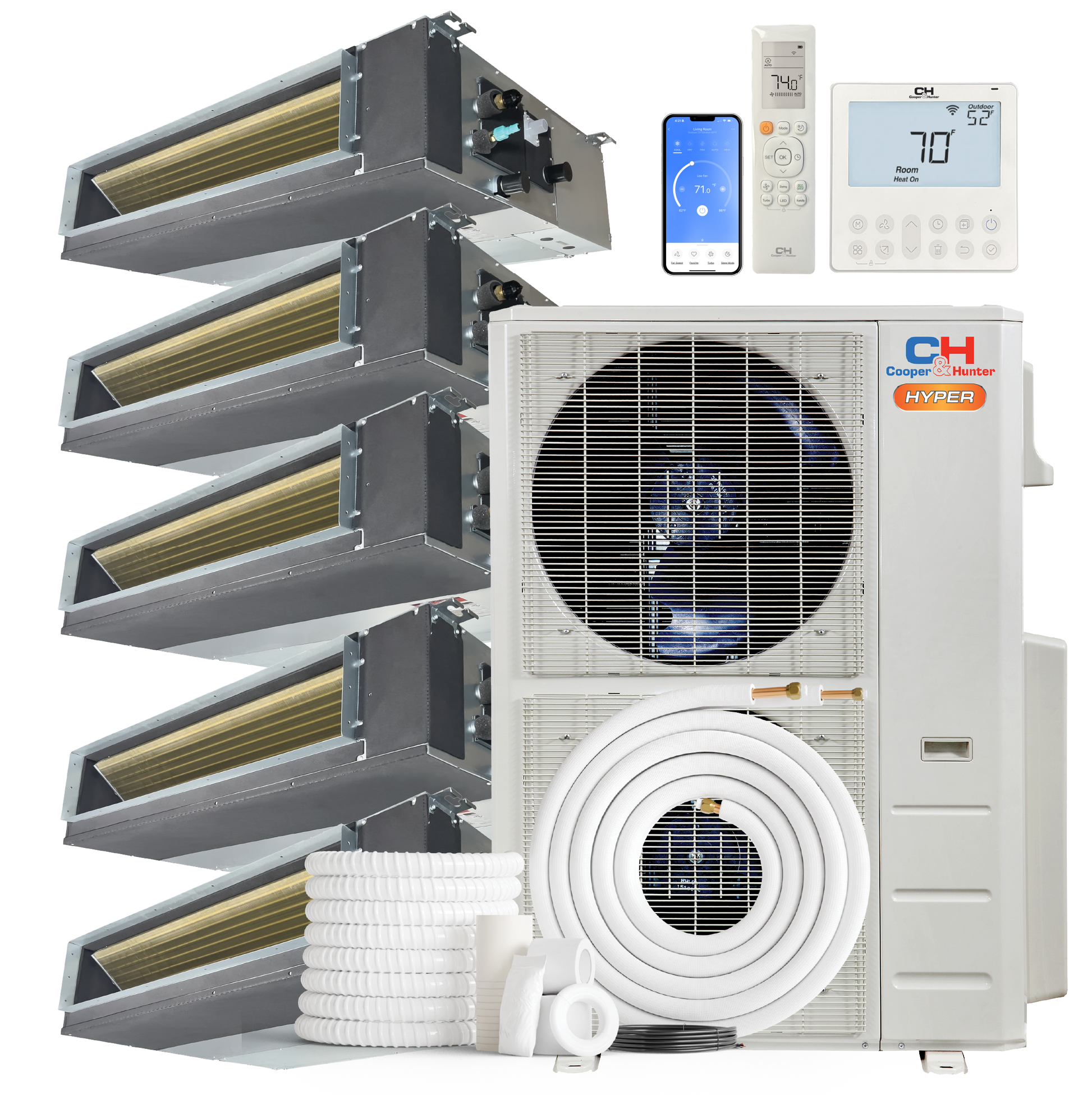 Cooper&Hunter Hyper 5-Zone Ducted Mini Split AC & Heat Pump 55000 BTU (6K+9K+18K+18K+18K), Slim Duct Units, 230V