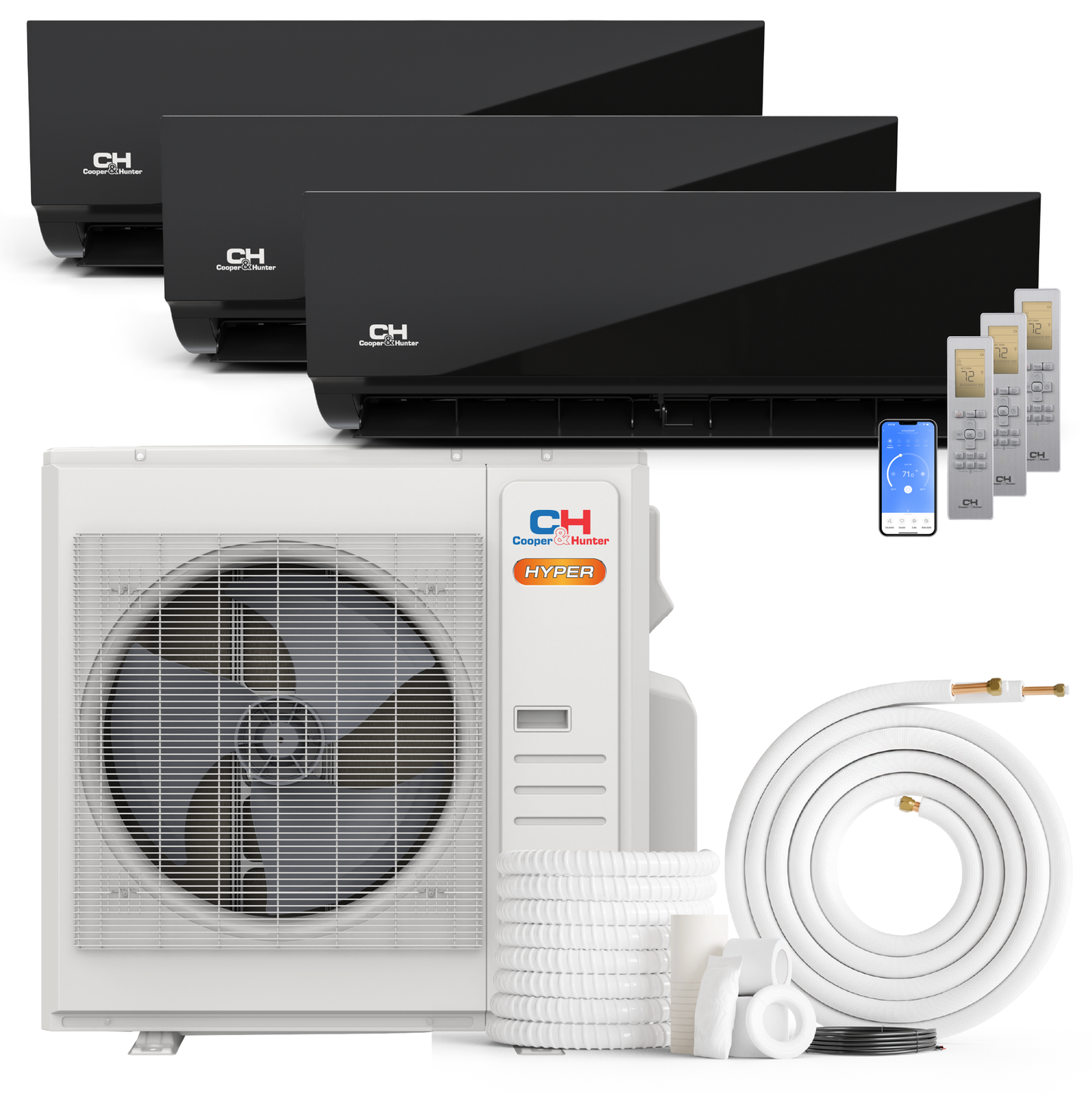 Cooper&Hunter Hyper Olivia Midnight 3-Zone Ductless Mini Split AC & Heat Pump 36000 BTU (9K+9K+9K), Wall Mount Units, 230V