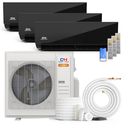 Cooper&Hunter Hyper Olivia Midnight 3-Zone Ductless Mini Split AC & Heat Pump 36000 BTU (9K+18K+18K), Wall Mount Units, 230V