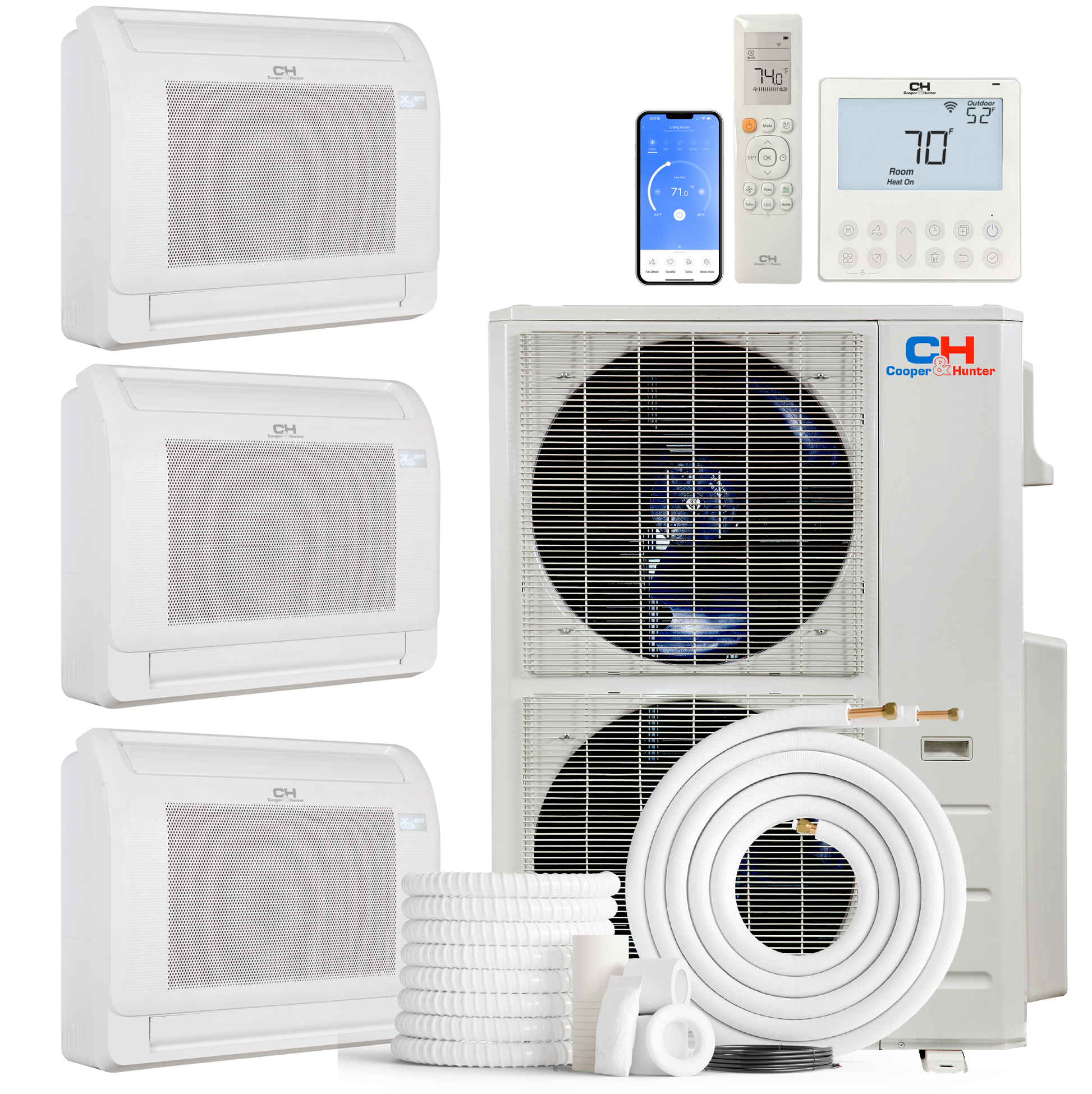 Cooper&Hunter 3-Zone Ductless Mini Split AC & Heat Pump 60000 BTU (9K+12K+12K), Floor Console Units, 230V