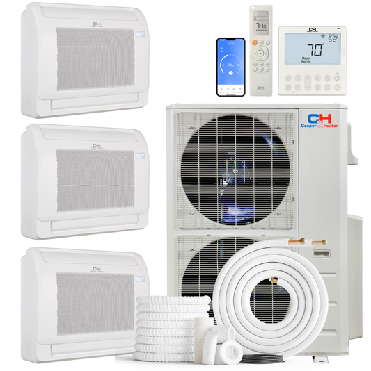 Cooper&Hunter 3-Zone Ductless Mini Split AC & Heat Pump 60000 BTU (9K+12K+12K), Floor Console Units, 230V