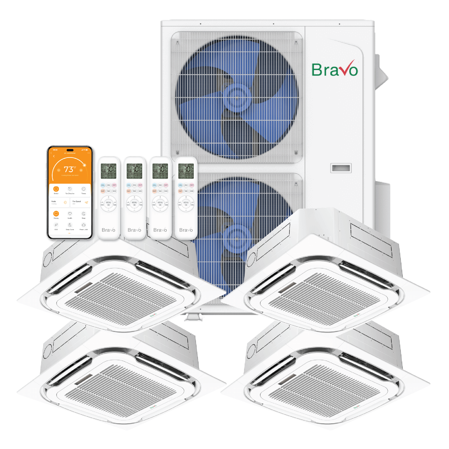 Bravo 4-Zone Ductless Mini Split AC & Heat Pump 42000 BTU (9K+9K+9K+9K), Ceiling Cassettes Units, 230V