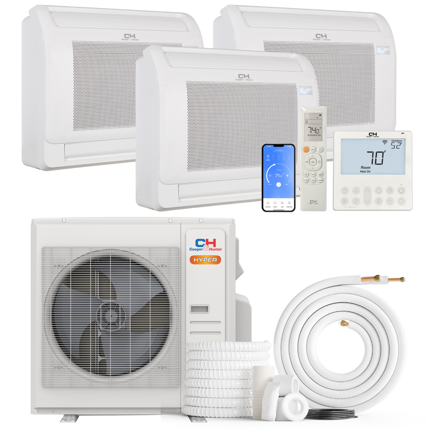 Cooper&Hunter Hyper 3-Zone Ductless Mini Split AC & Heat Pump 36000 BTU (9K+12K+18K), Floor Console Units, 230V