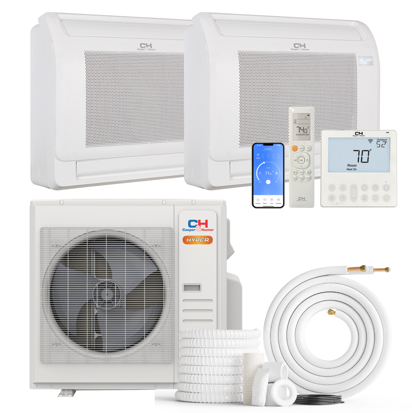 Cooper&Hunter Hyper 2-Zone Ductless Mini Split AC & Heat Pump 36000 BTU (9K+18K), Floor Console Units, 230V