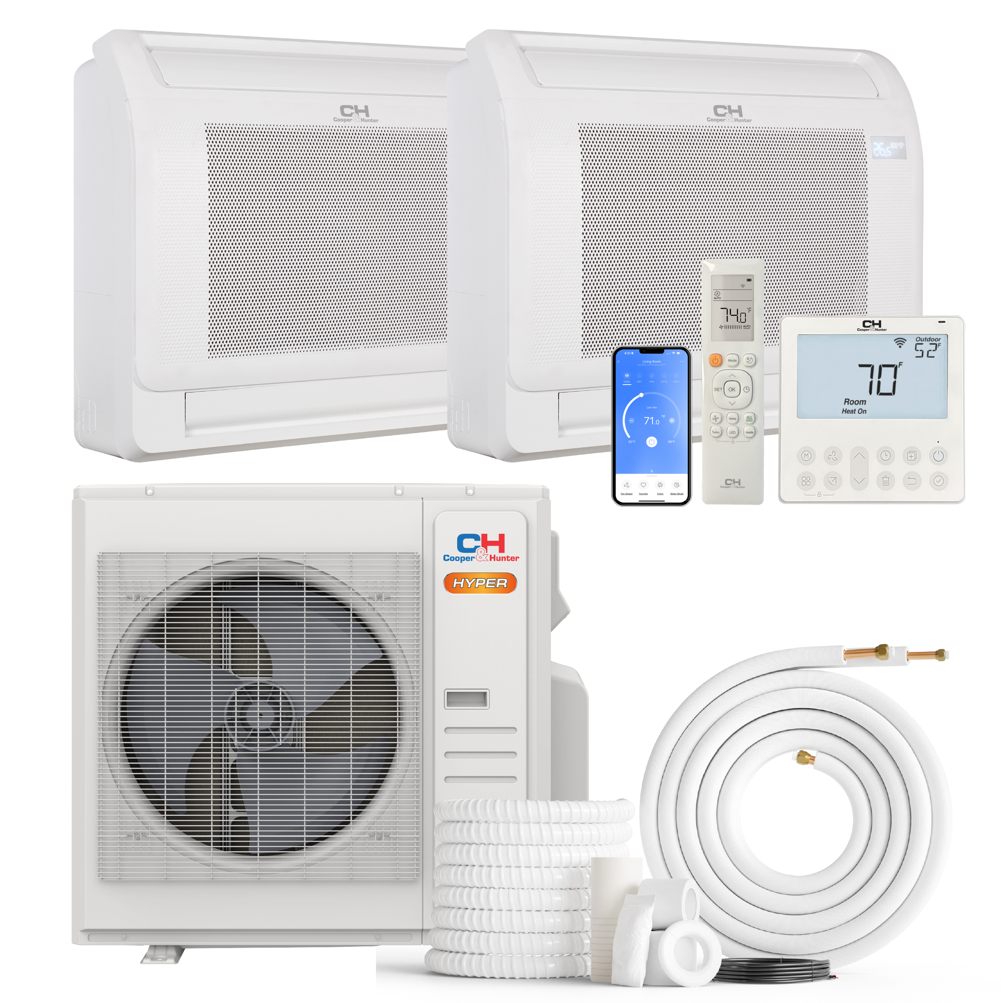 Cooper&Hunter Hyper 2-Zone Ductless Mini Split AC & Heat Pump 36000 BTU (9K+18K), Floor Console Units, 230V