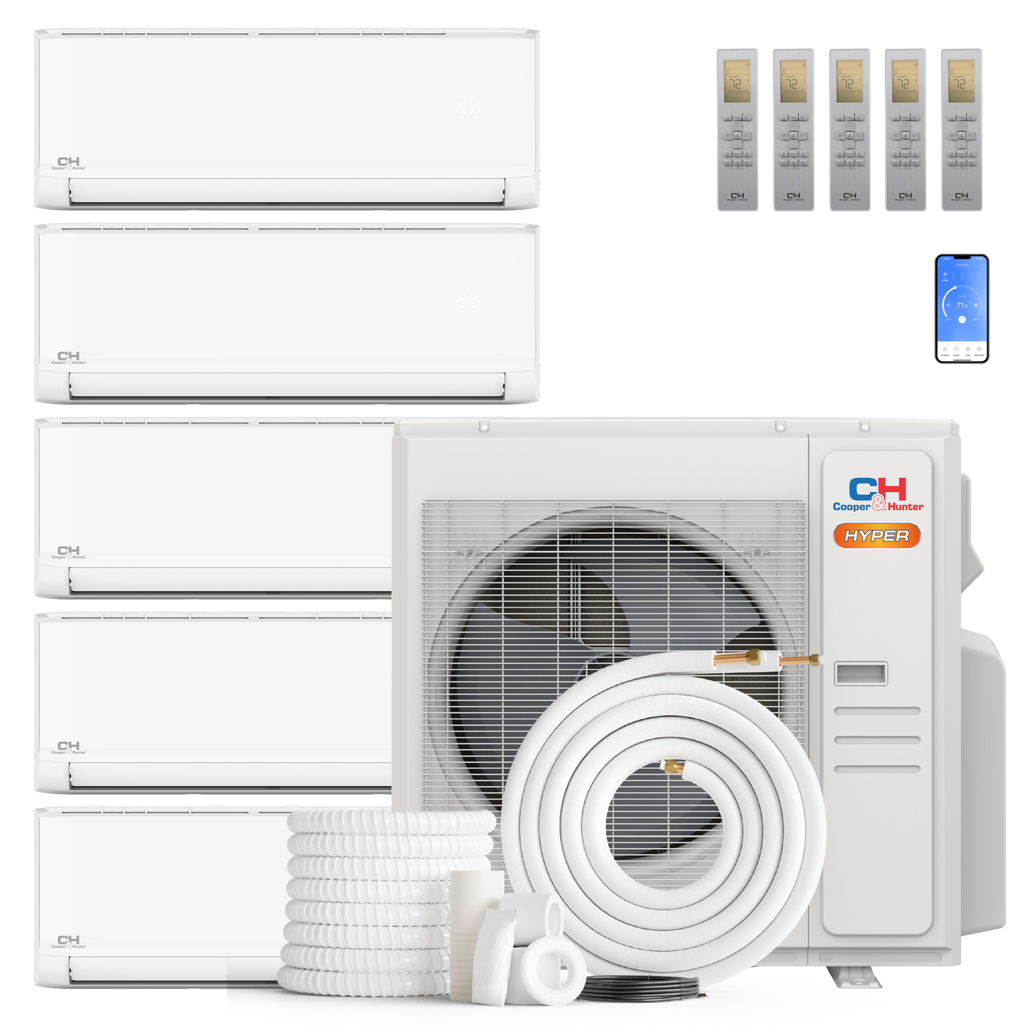 Cooper&Hunter Hyper Olivia 5-Zone Ductless Mini Split AC & Heat Pump 36000 BTU (6K+6K+6K+12K+12K), Wall Mount Units, 230V