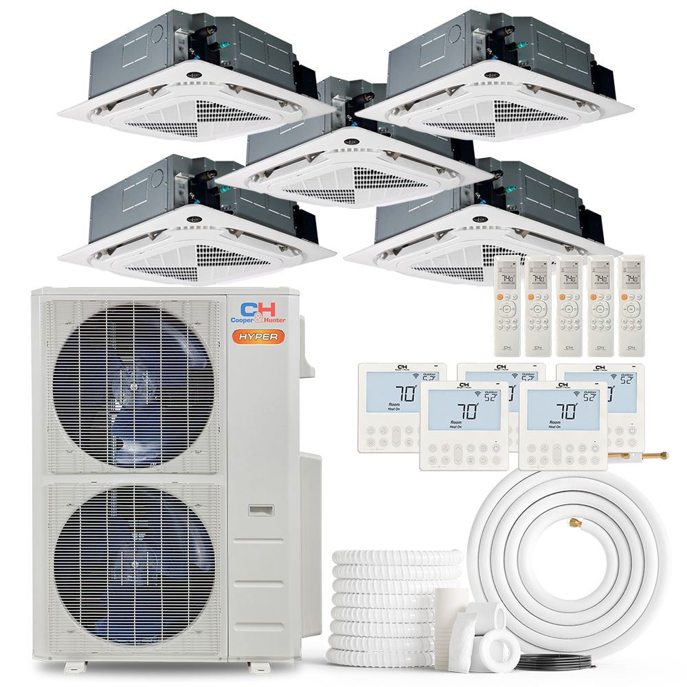 Cooper&Hunter Hyper 5-Zone Ductless Mini Split AC & Heat Pump 55000 BTU (9K+9K+9K+9K+9K), Ceiling Cassettes Units, 230V