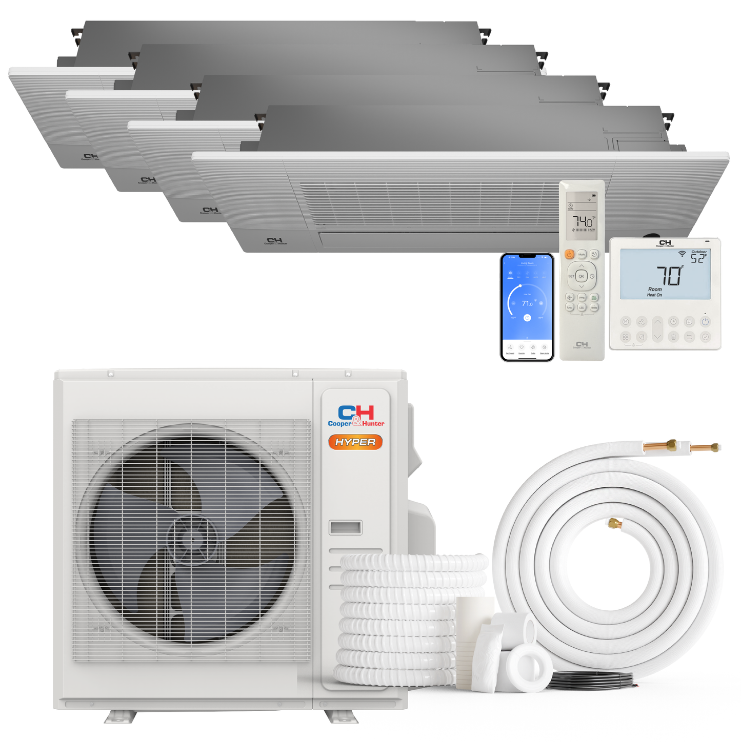 Cooper&Hunter Hyper 4-Zone Ductless Mini Split AC & Heat Pump 36000 BTU (6K+9K+18K+18K), One-Way Ceiling Cassettes Units, 230V