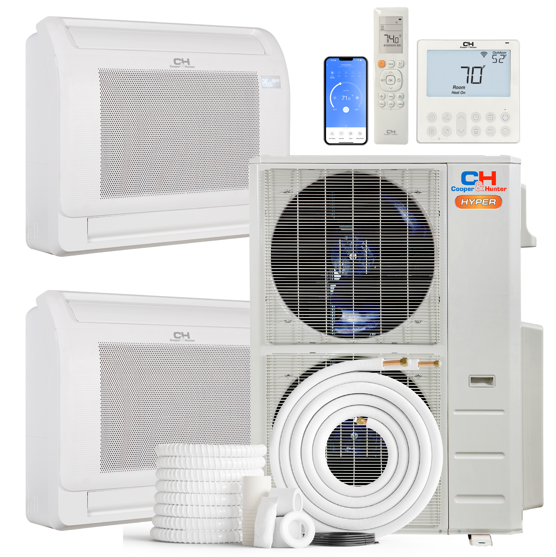 Cooper&Hunter Hyper 2-Zone Ductless Mini Split AC & Heat Pump 48000 BTU (12K+18K), Floor Console Units, 230V