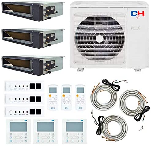 Cooper&Hunter 3-Zone Ducted Mini Split AC & Heat Pump 28000 BTU (9K+9K+9K), Slim Duct Units, 230V - R410A