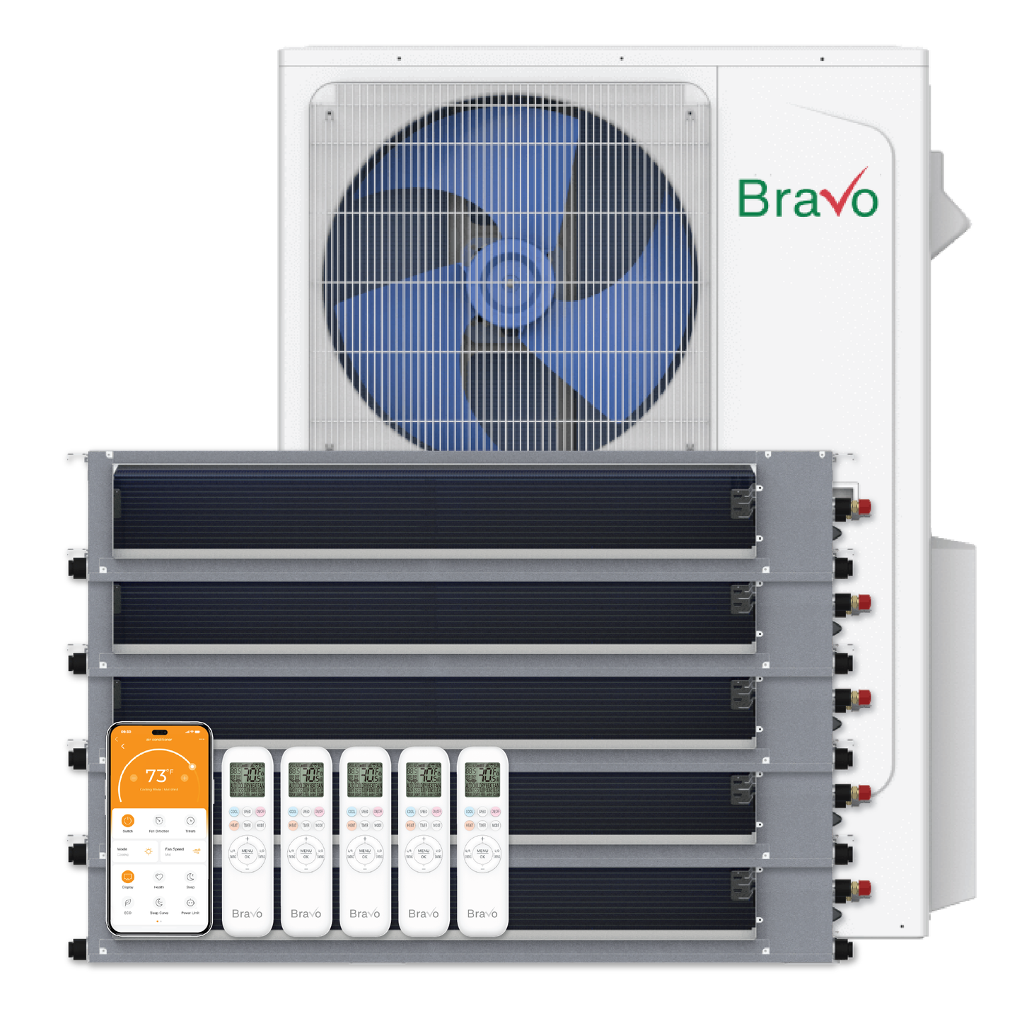 Bravo 5-Zone Ducted Mini Split AC & Heat Pump 42000 BTU (9K+12K+12K+12K+18K), Slim Duct Units, 230V