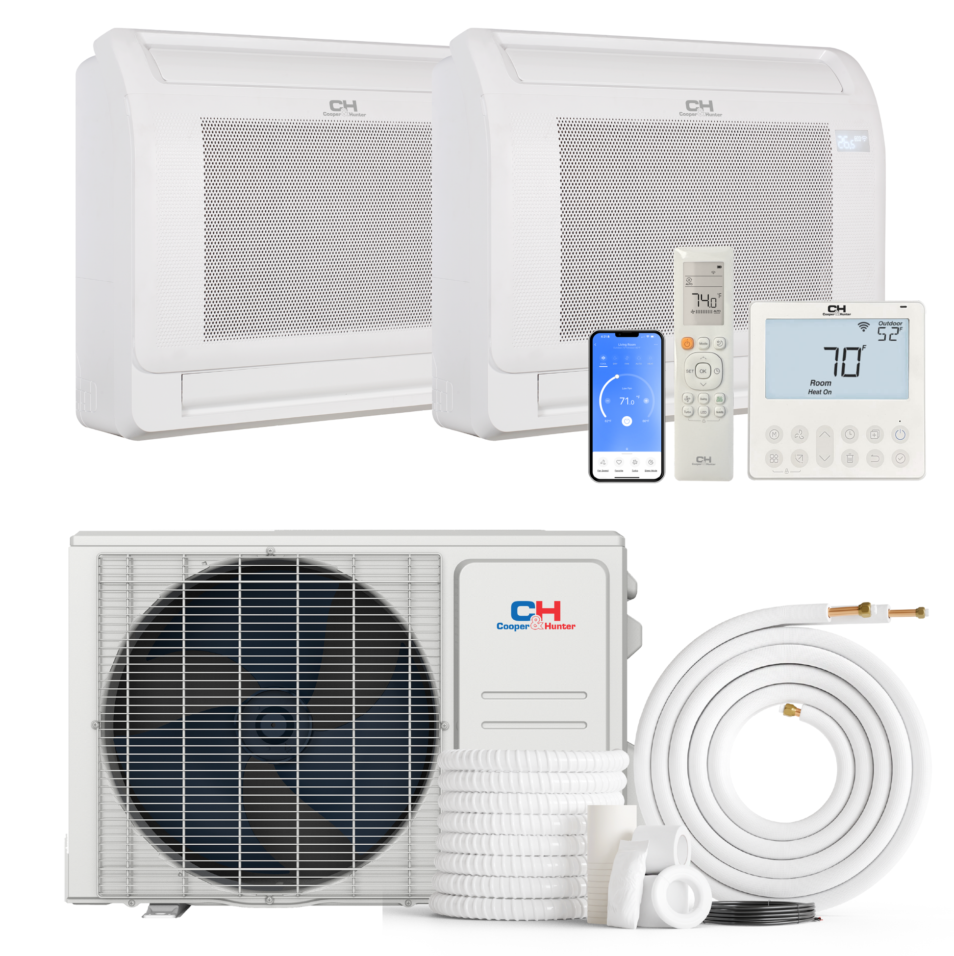 Cooper&Hunter 2-Zone Ductless Mini Split AC & Heat Pump 36000 BTU (9K+12K), Floor Console Units, 230V