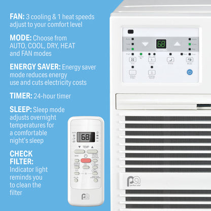 Perfect Aire 10,000 BTU 230V Through-the-Wall Air Conditioner with 10,600 BTU Electric Heater, Follow-Me Remote Control