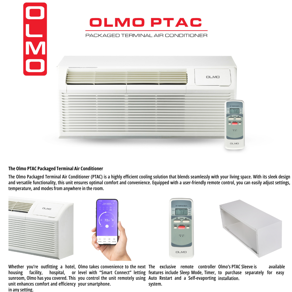 OLMO 12,000 BTU Smart PTAC Heating & Cooling AC Unit – 230V Through-Wall with Remote