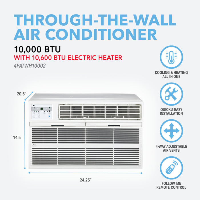 Perfect Aire 10,000 BTU 230V Through-the-Wall Air Conditioner with 10,600 BTU Electric Heater, Follow-Me Remote Control